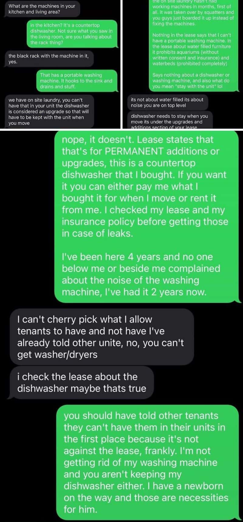 A black dishwasher with a green and white sticker on it, with text about lease and repairs.