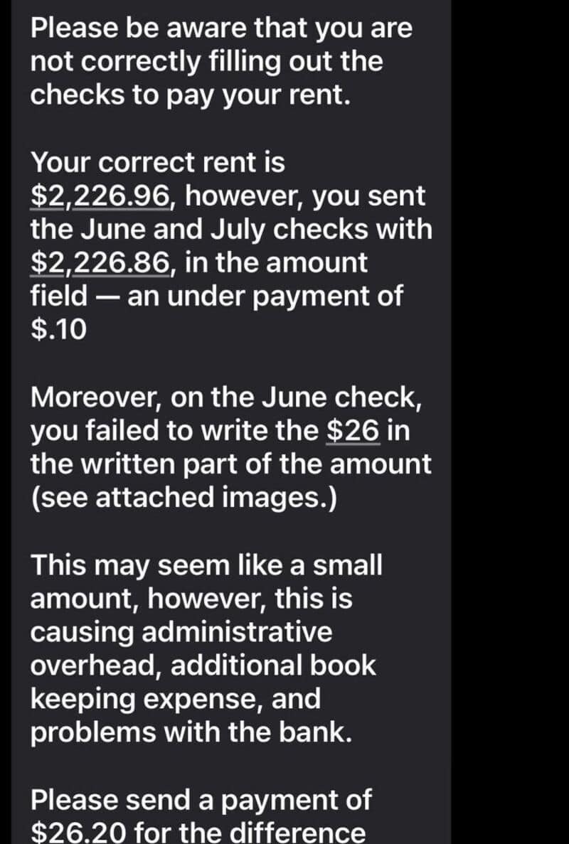 Notice about rent check discrepancy and payment instructions.