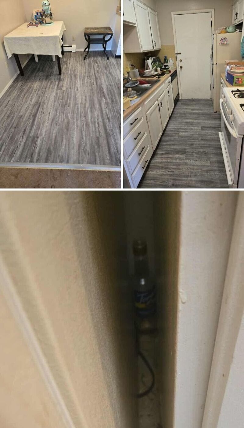 A collage of three images showing a messy kitchen, a clean kitchen, and a cluttered storage space.