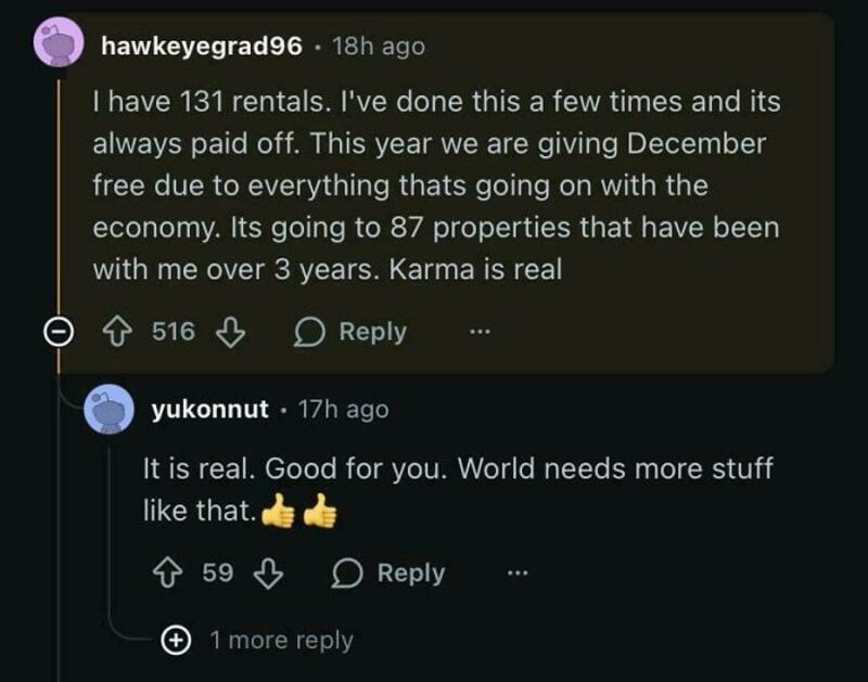 Screenshot of a social media conversation about rental properties and landlord karma.