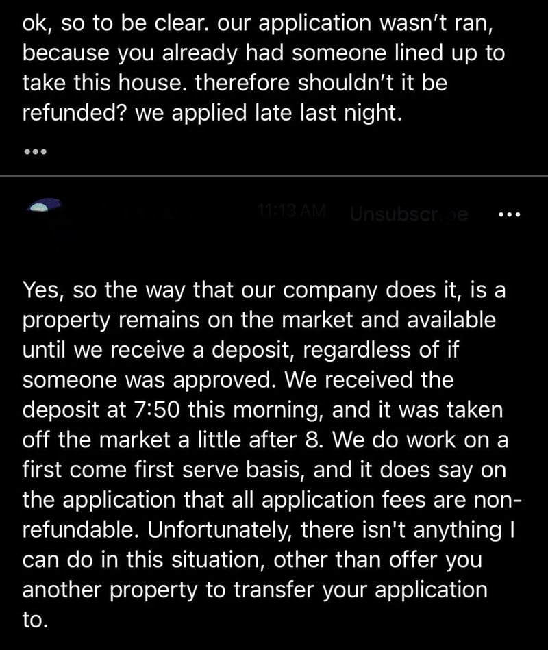 Text discussing application process, deposits, and property transfer issues.