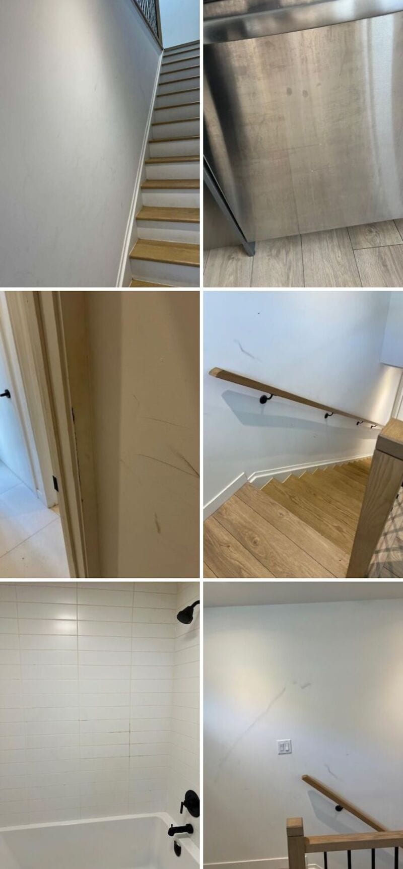 Various damaged or poorly maintained parts of a building, including stairs, a stainless steel panel,.