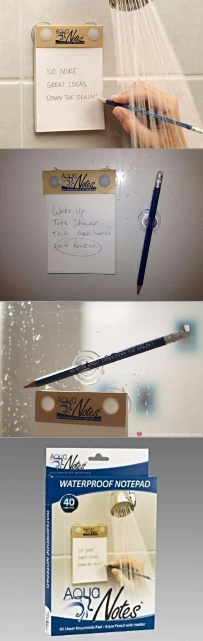 Waterproof notepad with pen, designed for use in the shower or wet environments.