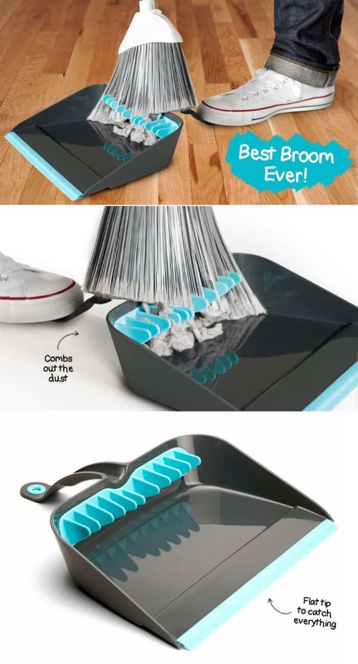 Innovative dustpan with built-in broom and dust catcher.