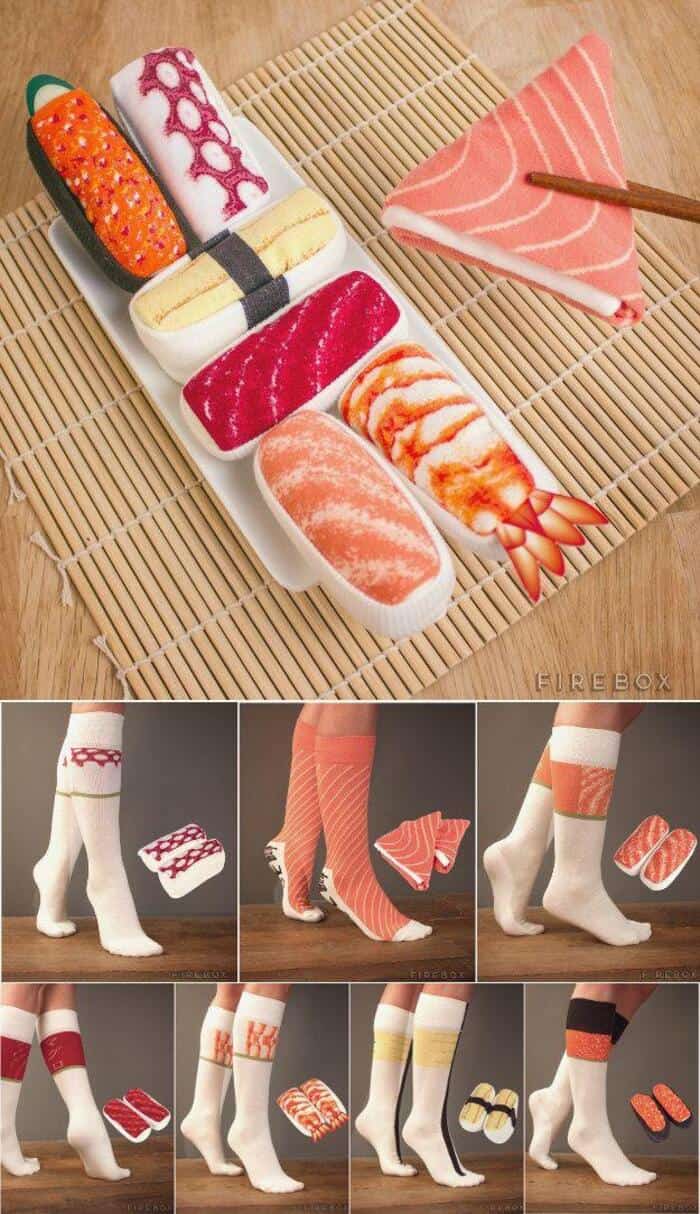 Socks designed to look like sushi and a sushi plate with a pink fish-shaped cloth.
