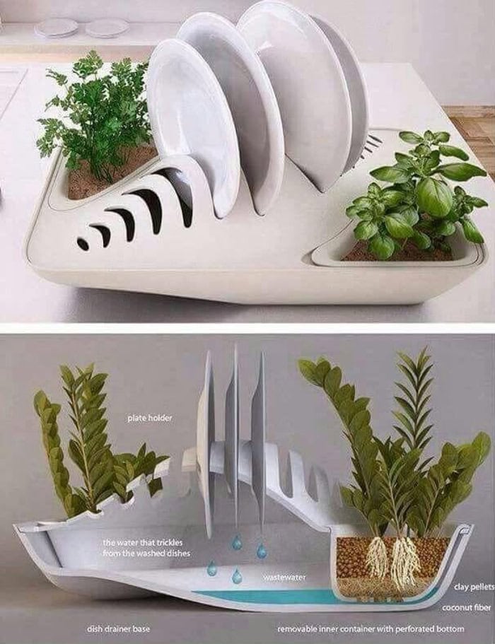 Innovative dish drying rack with integrated plant holders and water drainage.
