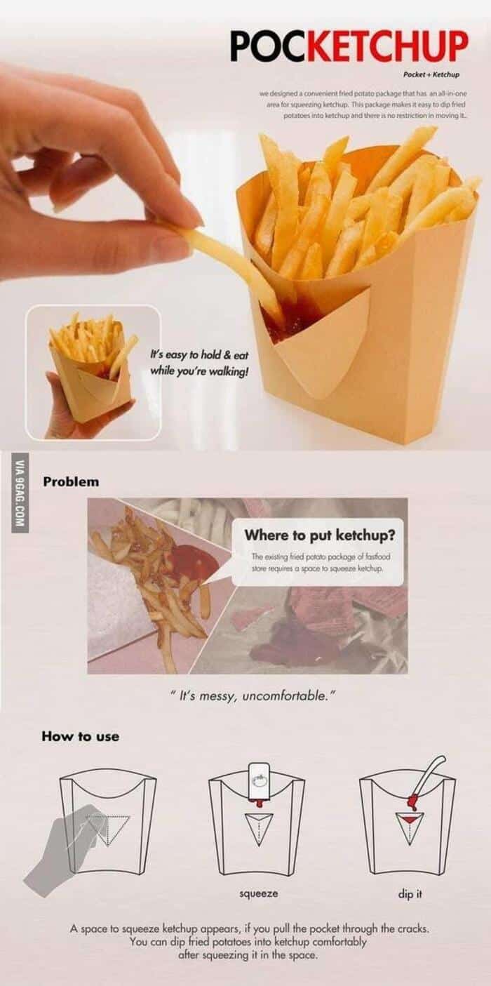 Ketchup packet and fries in a paper bag with instructions for use.