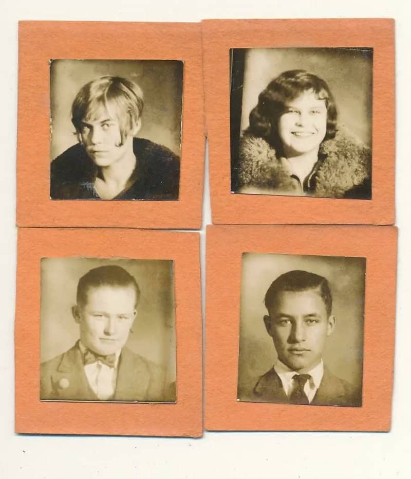 Four vintage black-and-white photographs of young people in a 2x2 grid.