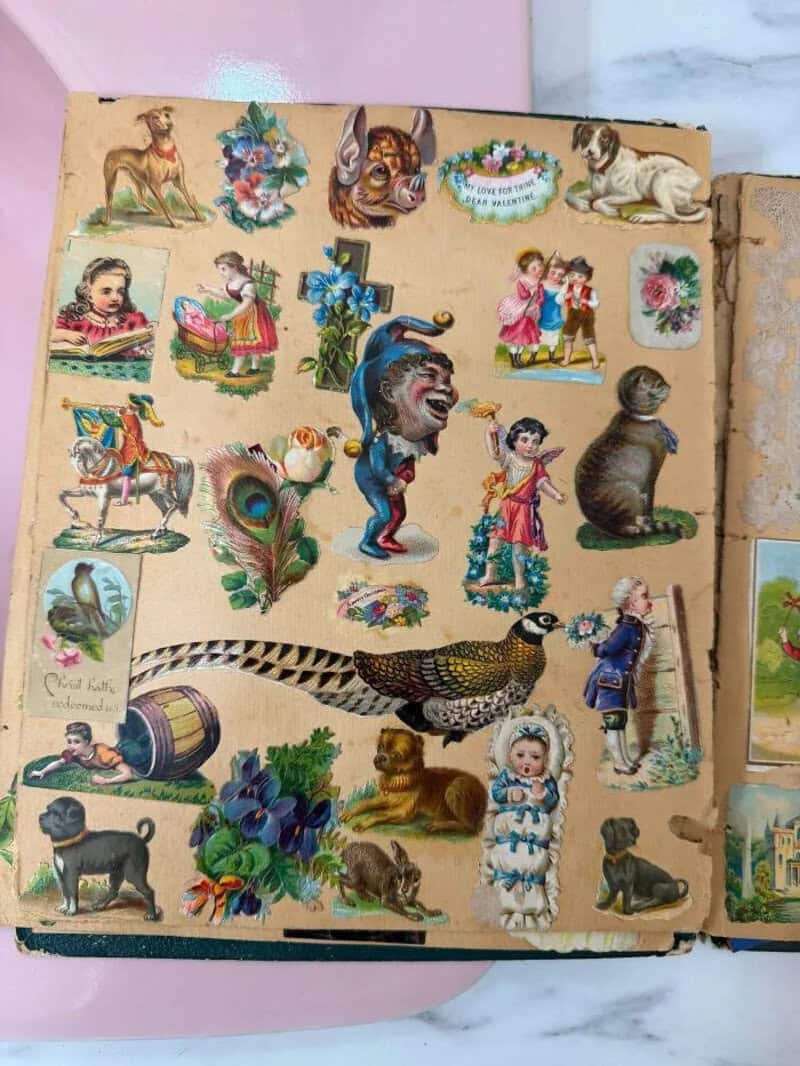 Collection of vintage stickers with animals, children, and floral designs.