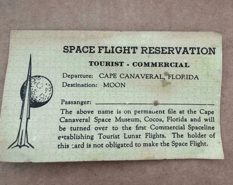 Space Flight Reservation card for tourists to the moon from Cape Canaveral, Florida.