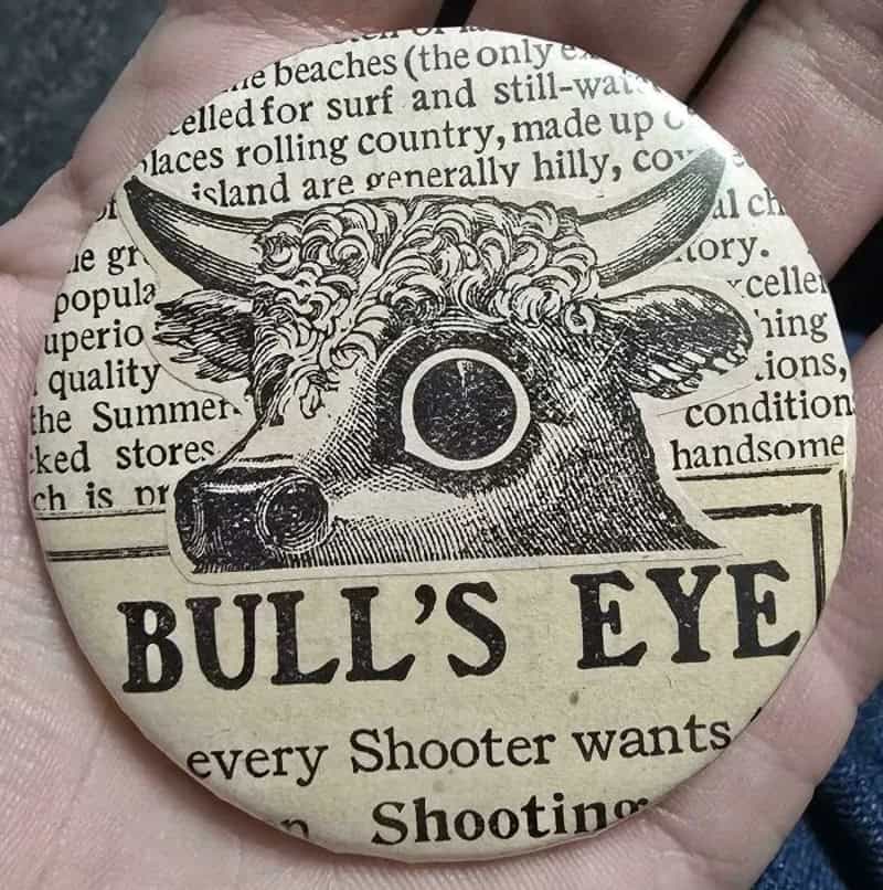 Vintage-style badge with a bull's head and the text "BULL'S EYE" and "every Shooter wants Shooting".