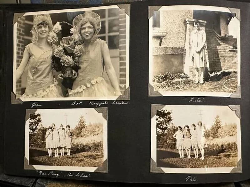 Four vintage black-and-white photos of women and girls, labeled with handwritten captions.