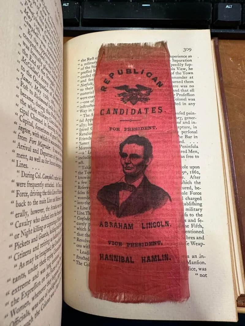 Red campaign ribbon for Abraham Lincoln and Hannibal Hamlin, 1860 presidential election.