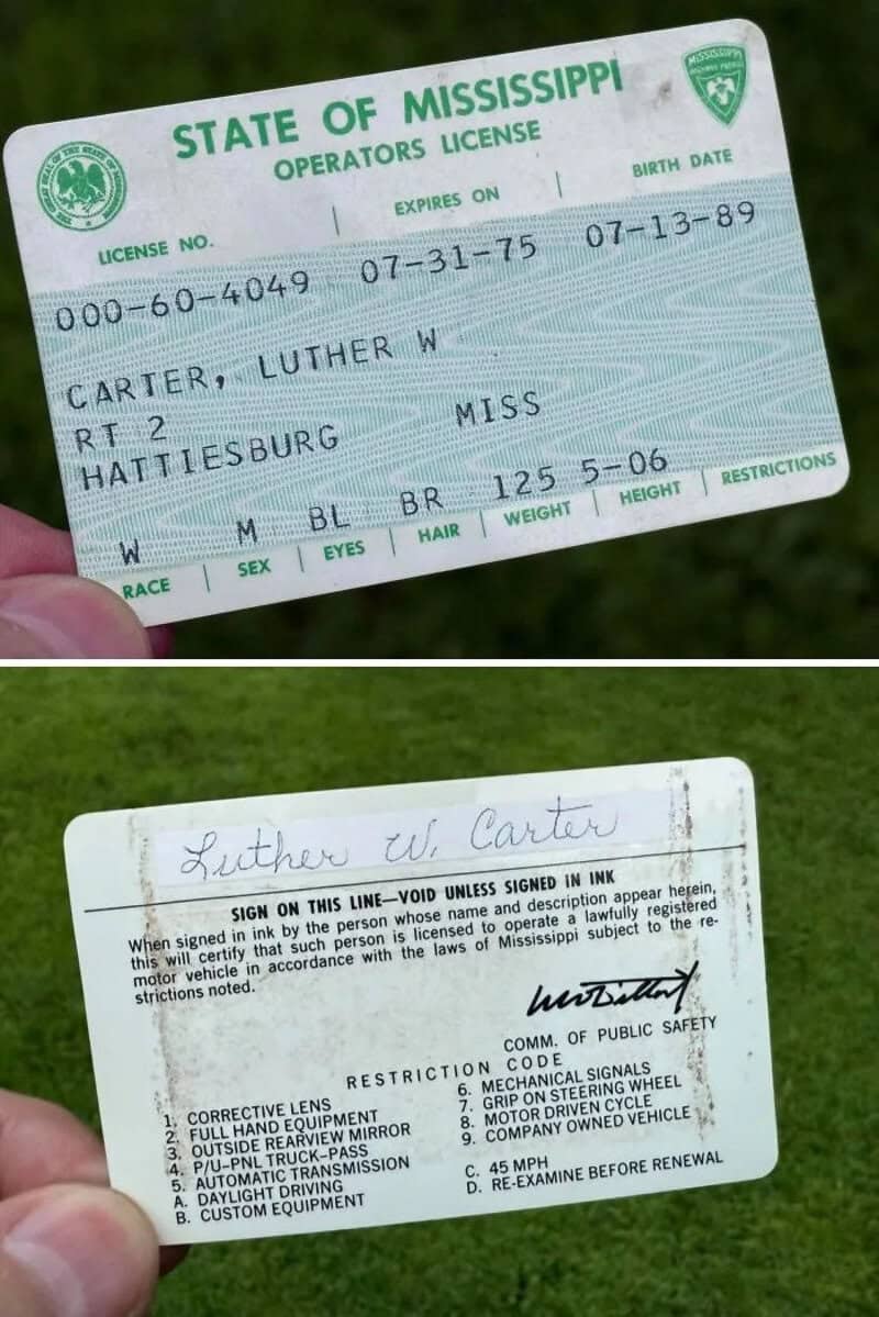 Mississippi operator's license for Luther W. Carter, born 3-7-89, Hattiesburg.