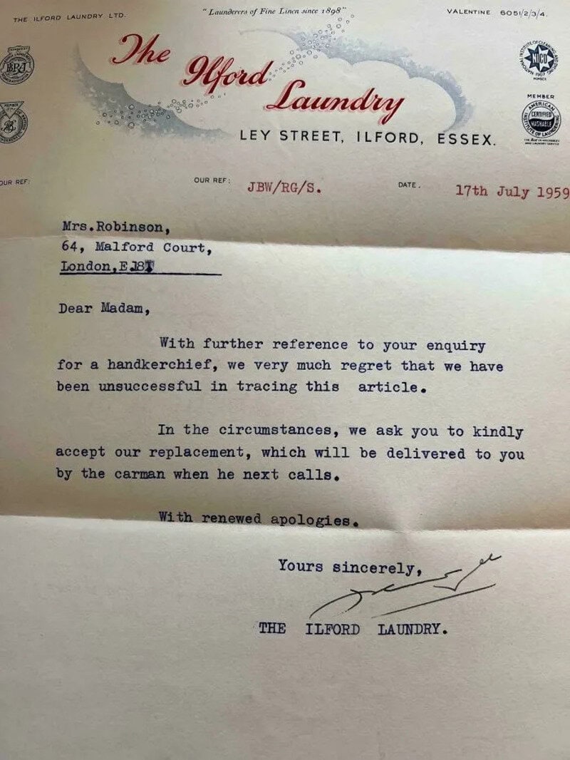 Letter from The Ilford Laundry dated 17th July 1959 to Mrs. Robinson.