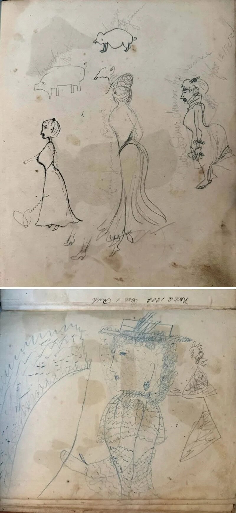 Sketches of women, animals, and objects on aged paper, with handwritten notes.