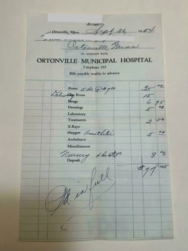 Hospital bill from Ortonville Municipal Hospital with itemized charges and signature.
