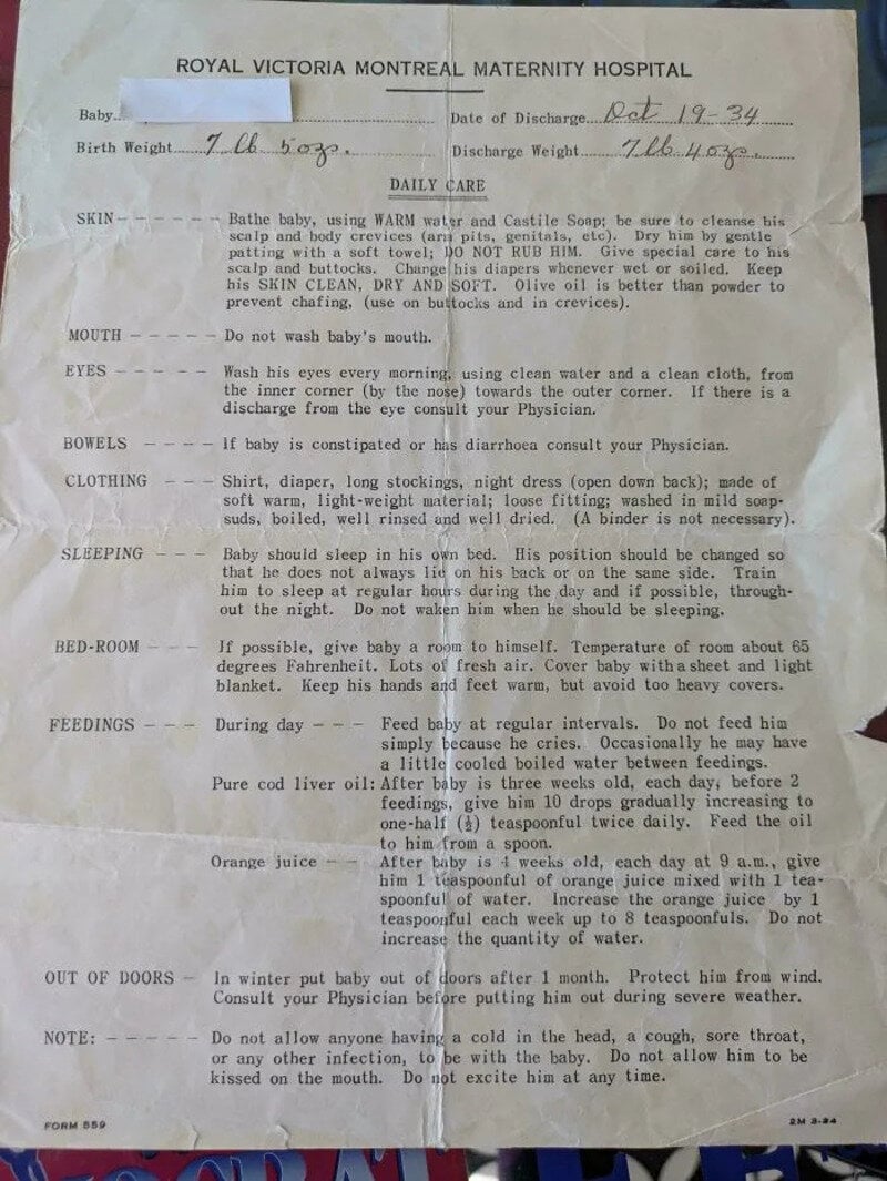 Discharge paper from Royal Victoria Montreal Maternity Hospital, dated Oct 19, 1934, with details on.