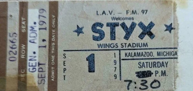 Ticket for a 1979 Styx concert at Wings Stadium in Kalamazoo, Michigan.