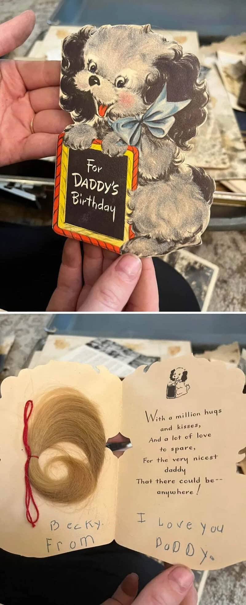 Vintage teddy bear card with a 'For Daddy's Birthday' message and a handmade paper dog.