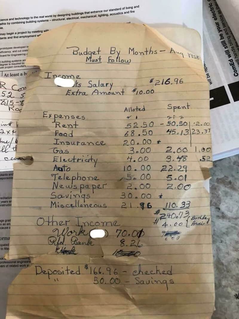 Handwritten budget list titled 'Budget By Months - Aug 1952 Must Follow' with income and expenses.