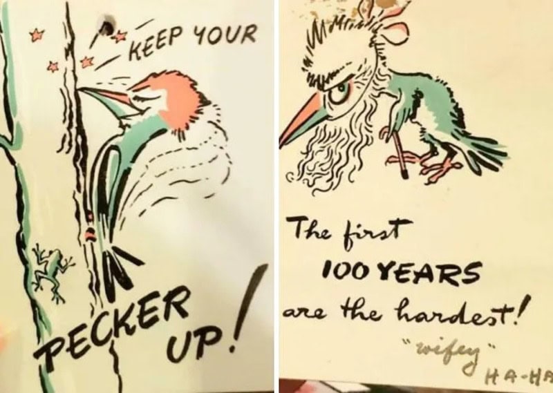 Vintage illustration of a bird with a humorous quote about pecking and 100 years.