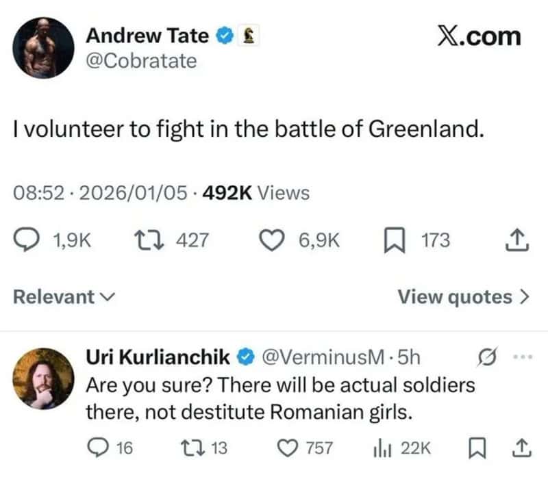 Andrew Tate's tweet about fighting in Greenland, with a reply about soldiers and Romanian girls.