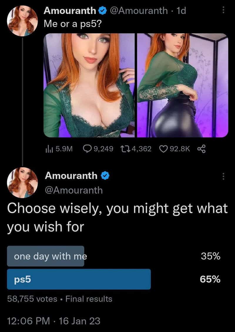 Twitter poll by Amouranth asking 'Me or a ps5?' with two images of a woman in green top and black sk.
