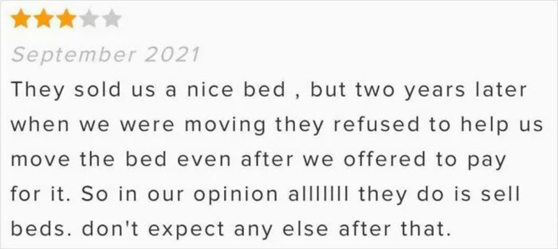 Customer review about bed sales and service, September 2021.