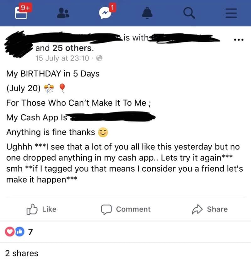 Facebook post about birthday in 5 days, cash app, and thanking friends.