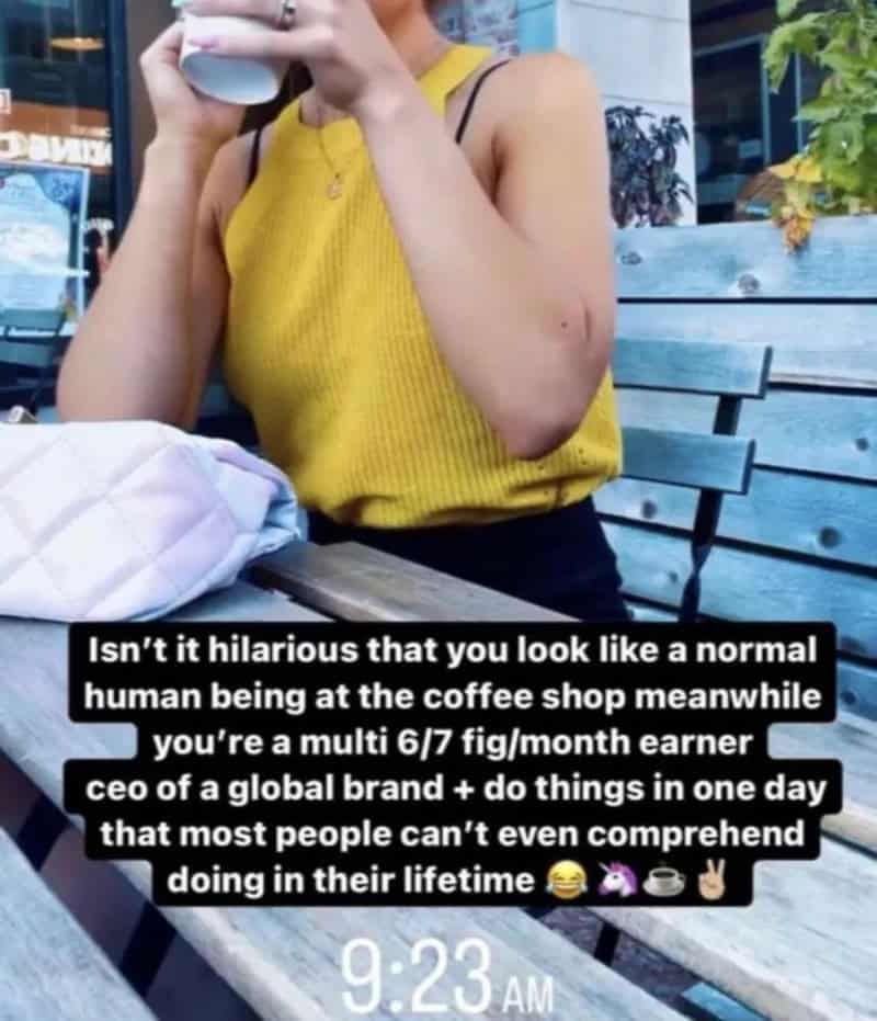 Woman in yellow top holding coffee cup at outdoor cafe with text overlay.