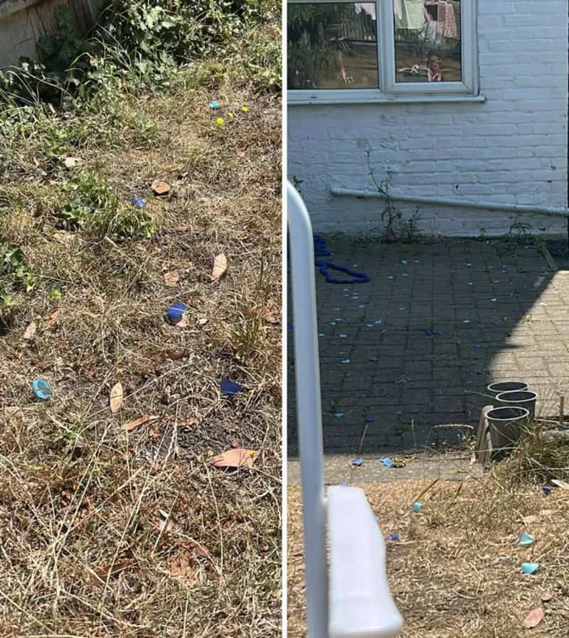 Side-by-side comparison of a dirty outdoor area with trash and a clean, tidy area.