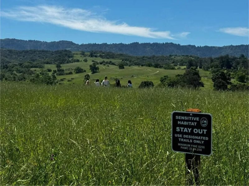 Group of people walking through a grassy field with a sign that says 'Sensitive Habitat Stay Out'.