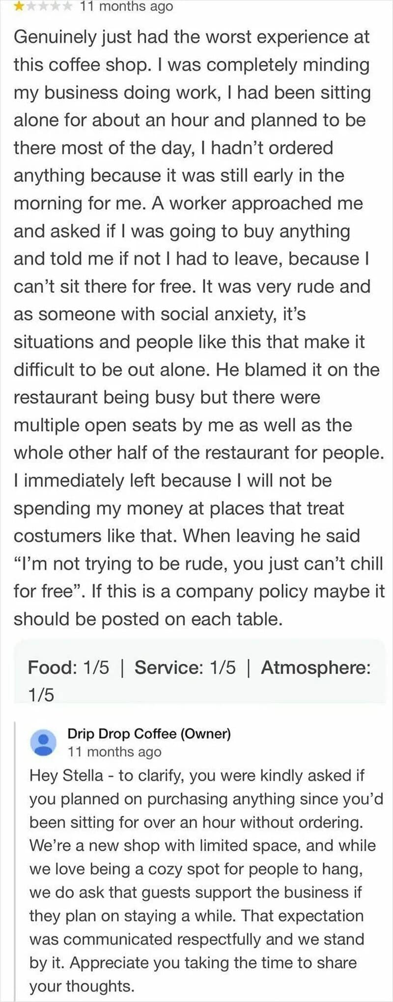 Customer shares experience at a coffee shop, mentioning poor service and rude staff.