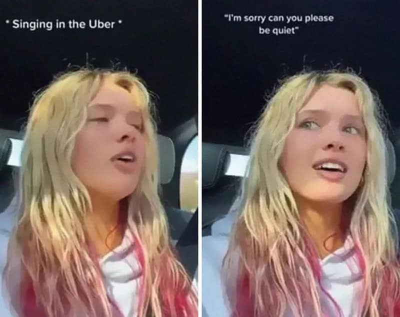 Singing in the Uber. Girl with blonde hair, pink streaks, and a pink and white shirt.