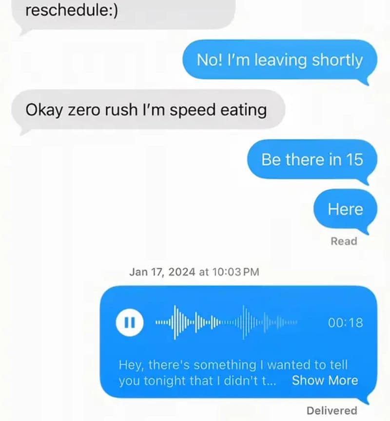 Text message exchange about leaving and speed eating, with a voice note.