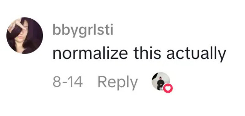 Instagram comment saying 'normalize this actually' with a profile picture of a woman with dark hair.