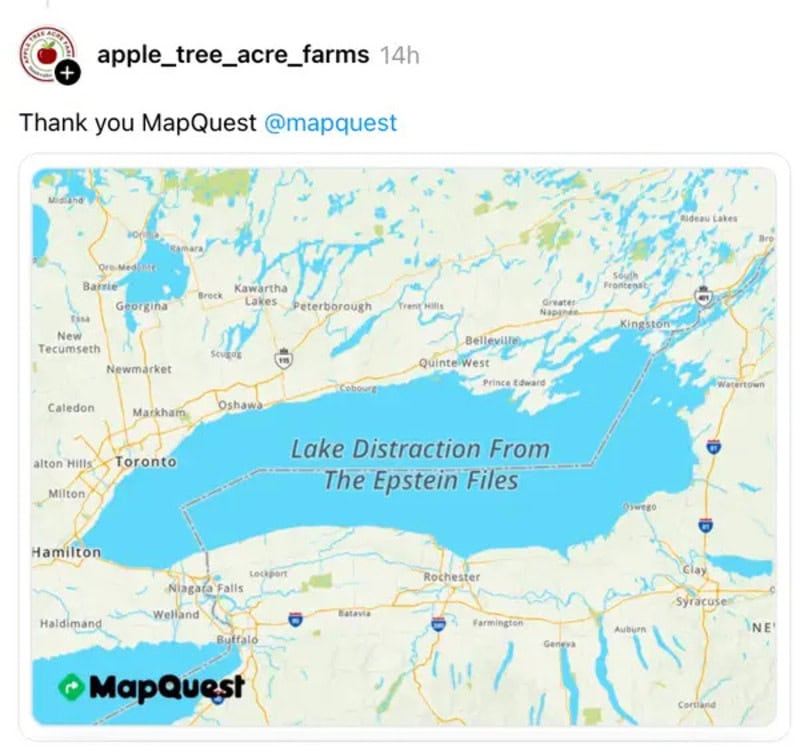 Map showing Lake Ontario with the text 'Lake Distraction From The Epstein Files'.