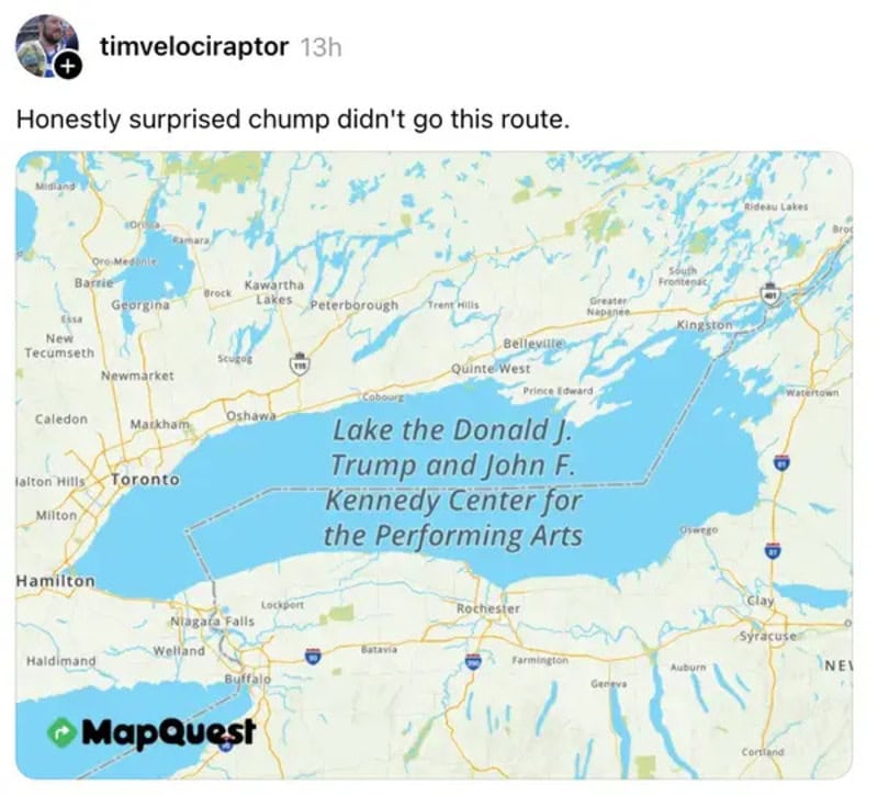 Map showing Lake Ontario with humorous text about Donald Trump and JFK Center.