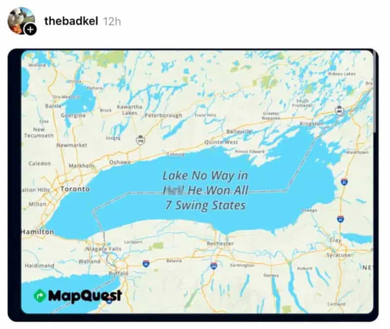 Map of Lake Ontario with humorous text about its name and location.
