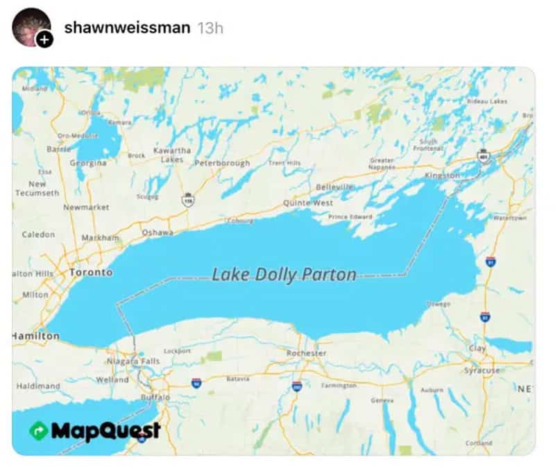 Map showing Lake Dolly Parton and surrounding areas in Ontario, Canada.