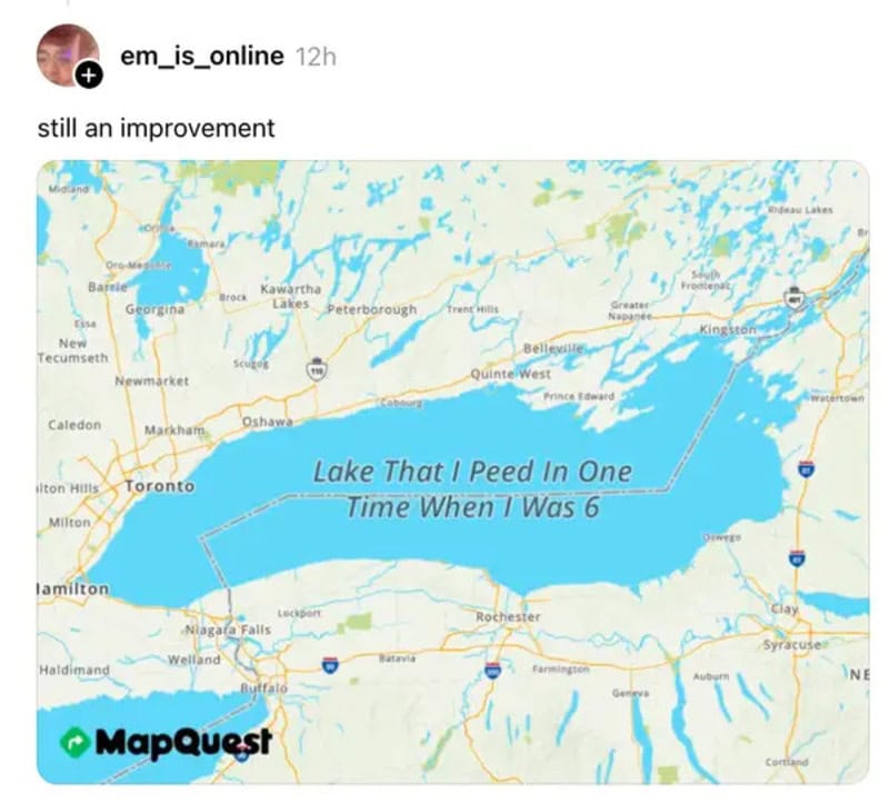 Map showing Lake Ontario with humorous label about peeing in it at age six.