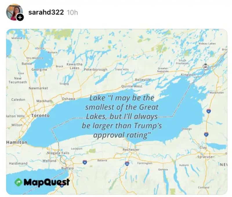Map of Lake Ontario with humorous quote about its size and Trump approval rating.
