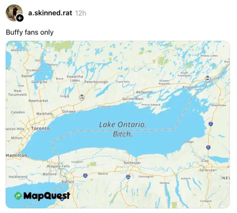 Map of Lake Ontario with a humorous label 'Lake Ontario. Bitch.'.