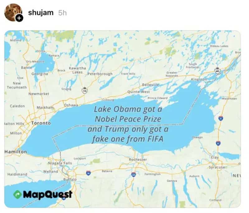 Map showing Lake Ontario with humorous text about Obama and Trump.