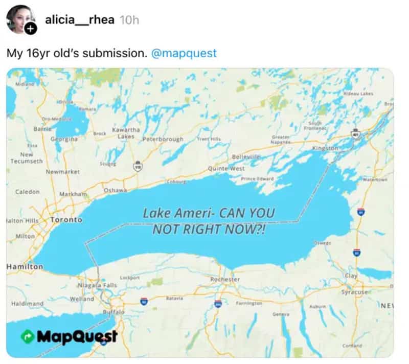 Map of Lake Ontario with a humorous message about renaming it.