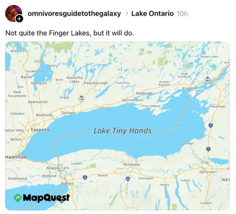 Map of Lake Ontario with a humorous label 'Lake Tiny Hands' and a caption about Finger Lakes.
