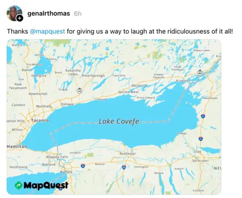 Map of Lake Ontario with humorous label 'Lake Covefe' and MapQuest logo.
