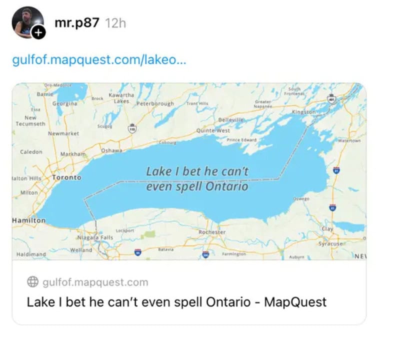 Map of Lake Ontario with humorous text about spelling.