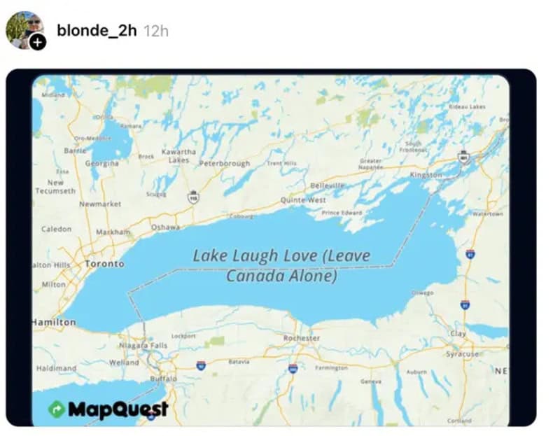 Map showing Lake Ontario with humorous label 'Lake Laugh Love (Leave Canada Alone)'.